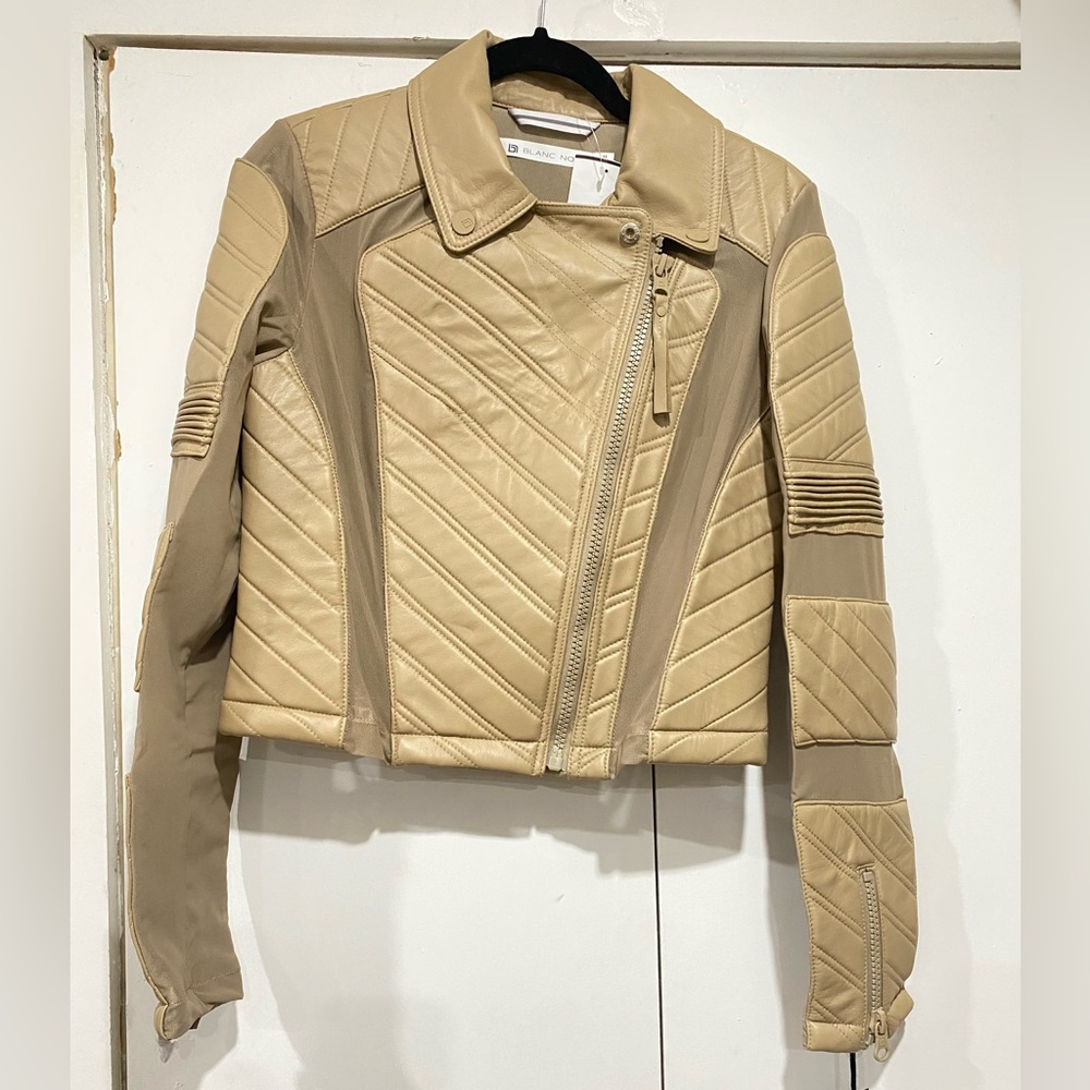 Blanc Noir Tan Lamb Leather Moto Jacket with Quilted Design Womens medium